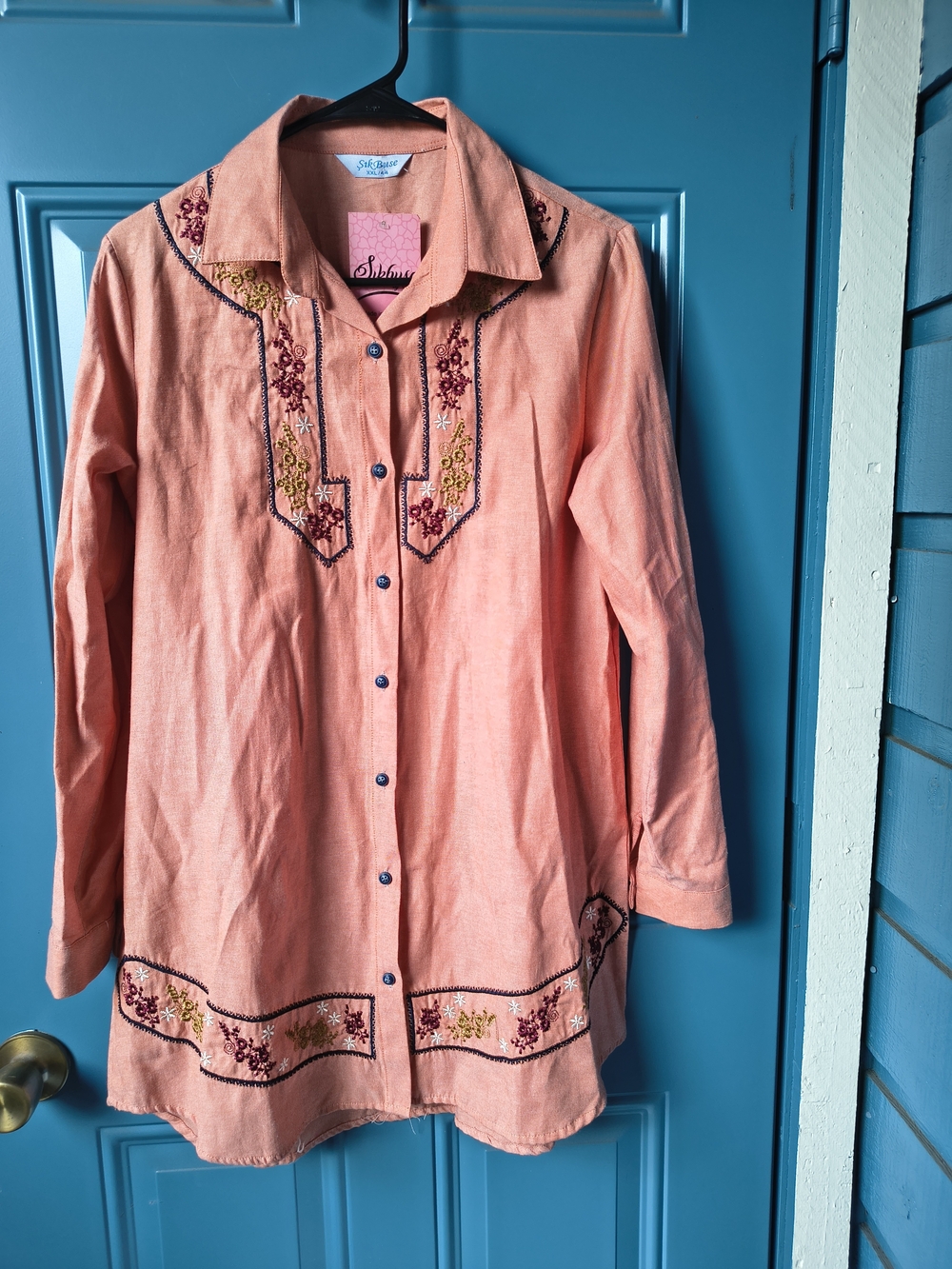 Peach Embroidered Button-Front Tunic